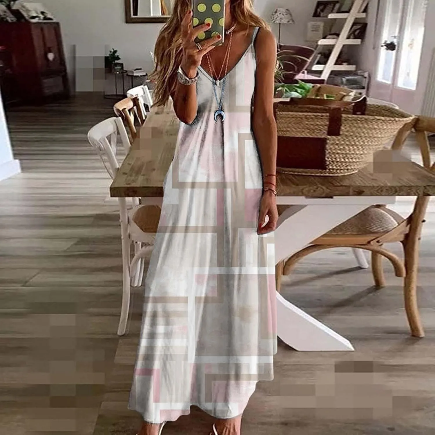 ZYXTIM Women's Summer Casual Sleeveless Beach Dress V Neck Printed Casual Loose Long Maxi Dress Holiday Flowy Swing Dress