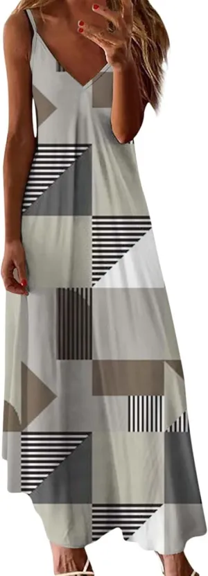 ZYXTIM Women's Summer Casual Sleeveless Beach Dress V Neck Printed Casual Loose Long Maxi Dress Holiday Flowy Swing Dress