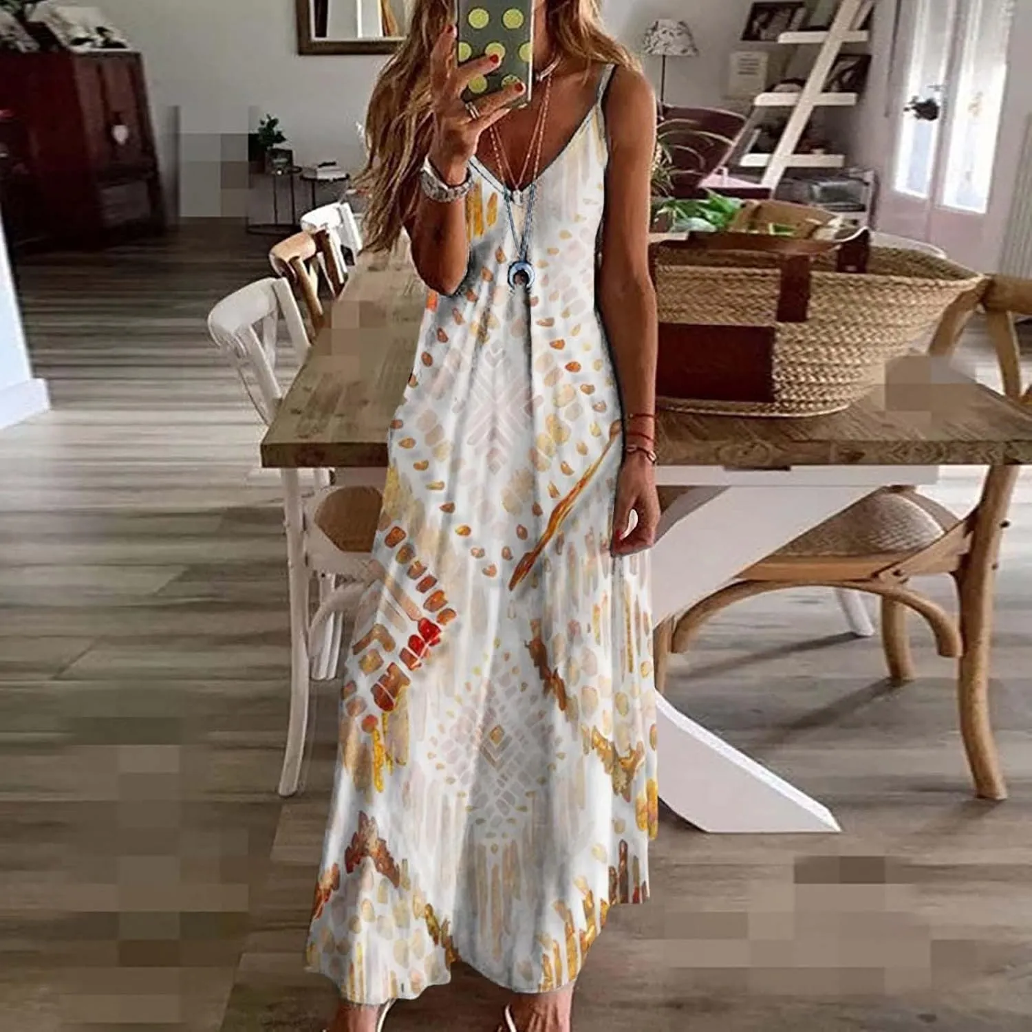 ZYXTIM Women's Summer Casual Sleeveless Beach Dress V Neck Printed Casual Loose Long Maxi Dress Holiday Flowy Swing Dress