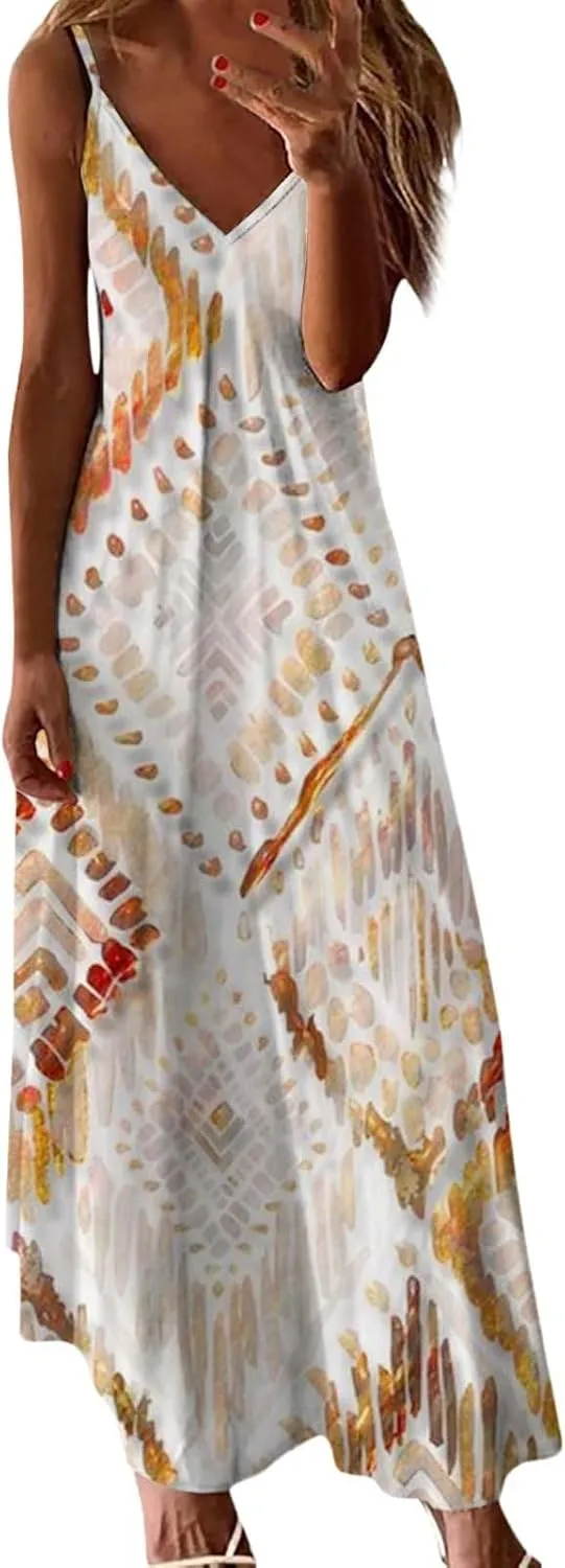 ZYXTIM Women's Summer Casual Sleeveless Beach Dress V Neck Printed Casual Loose Long Maxi Dress Holiday Flowy Swing Dress