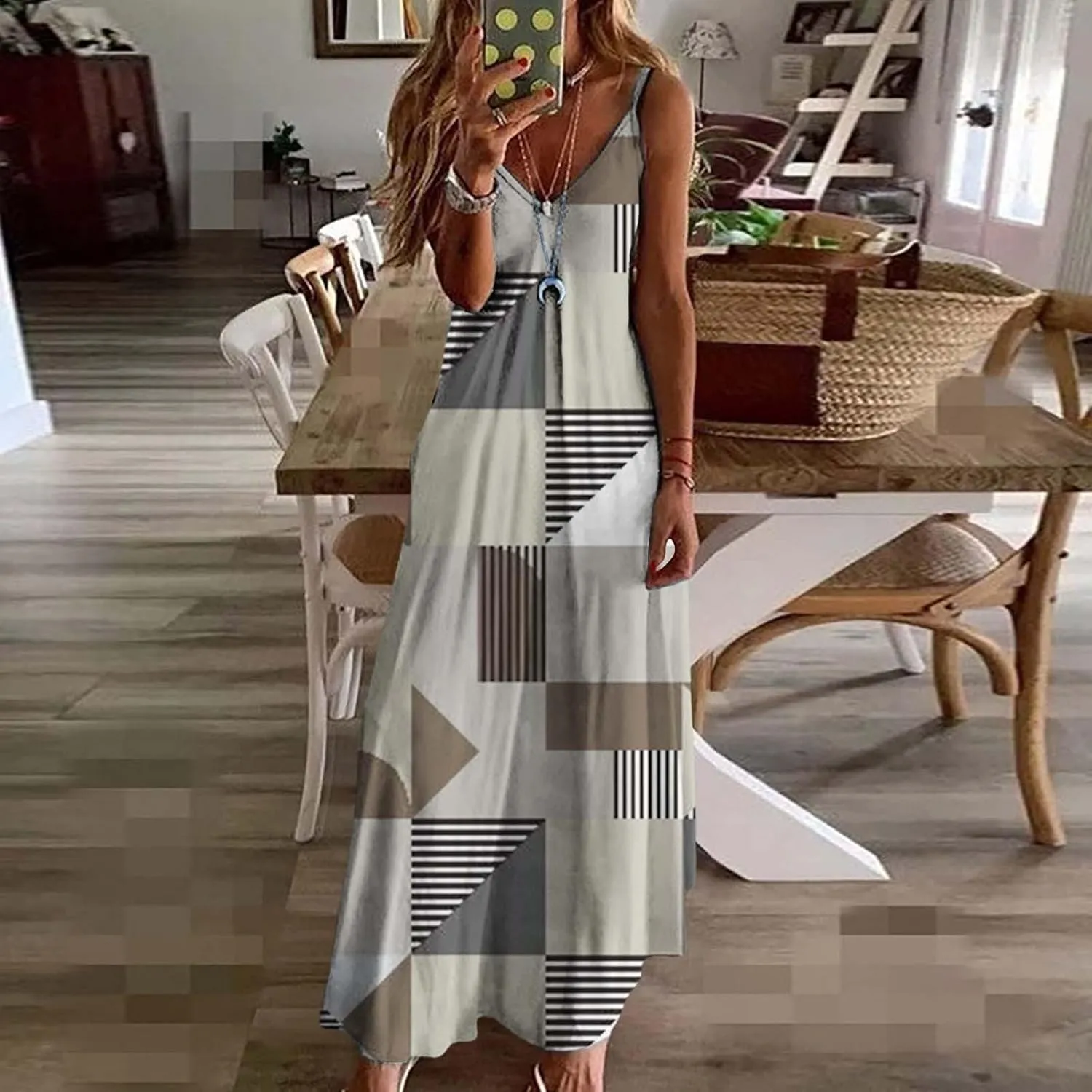 ZYXTIM Women's Summer Casual Sleeveless Beach Dress V Neck Printed Casual Loose Long Maxi Dress Holiday Flowy Swing Dress