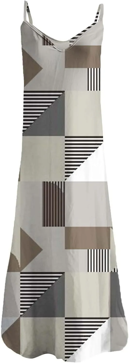 ZYXTIM Women's Summer Casual Sleeveless Beach Dress V Neck Printed Casual Loose Long Maxi Dress Holiday Flowy Swing Dress