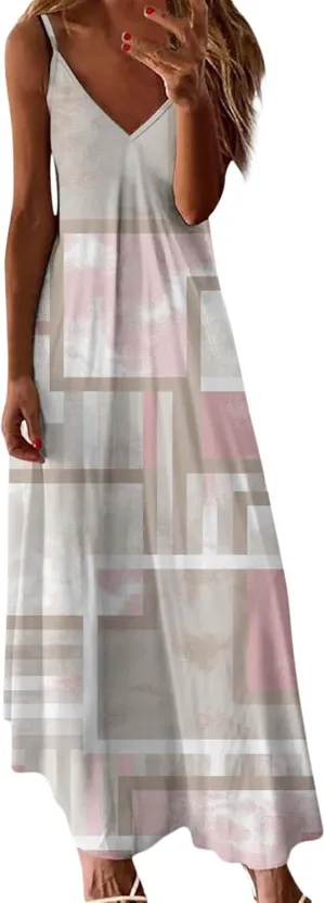 ZYXTIM Women's Summer Casual Sleeveless Beach Dress V Neck Printed Casual Loose Long Maxi Dress Holiday Flowy Swing Dress